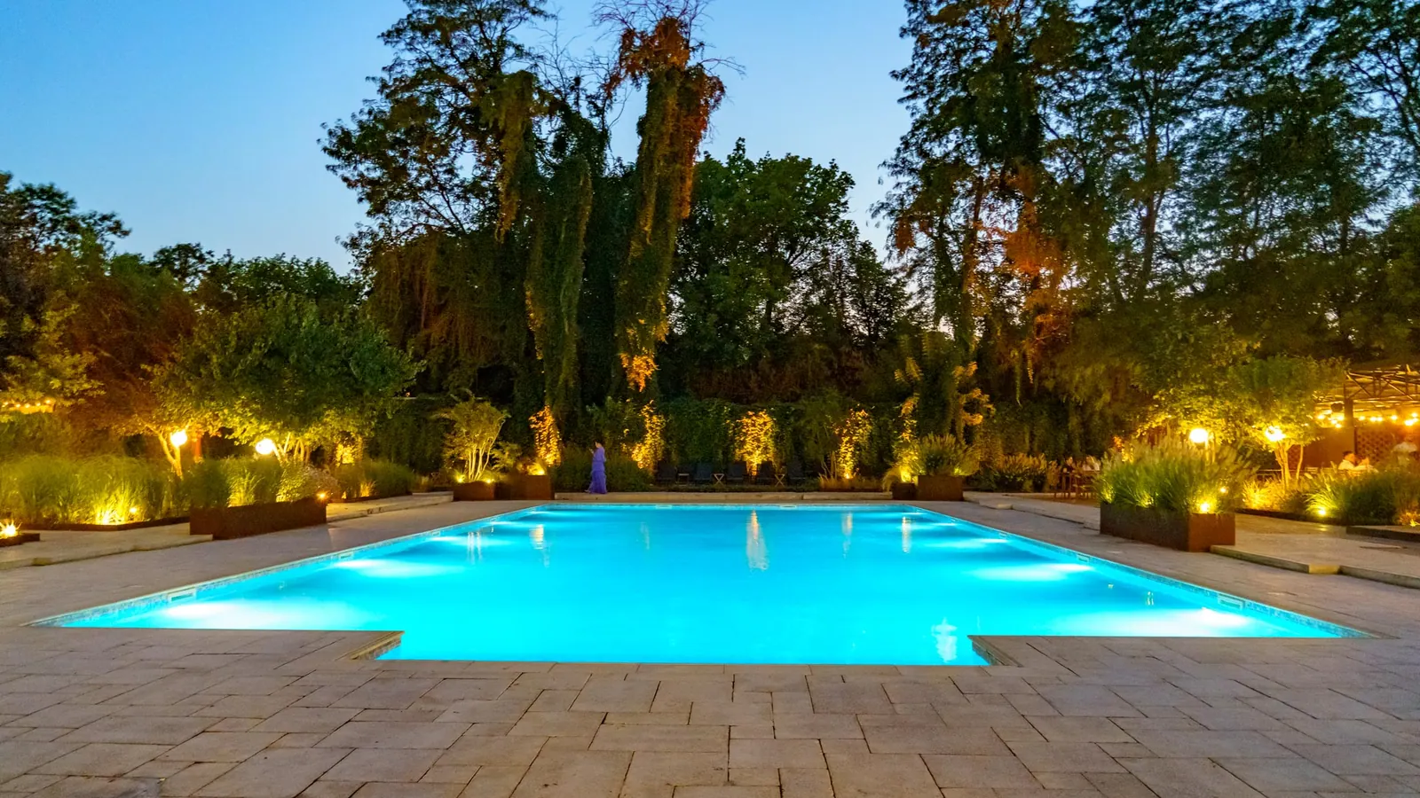 Piscina luminată noaptea, înconjurată de copaci